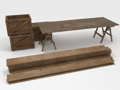 Rustic Wooden Furniture Collection With Stacked Crates Long Table And Planks 3d model