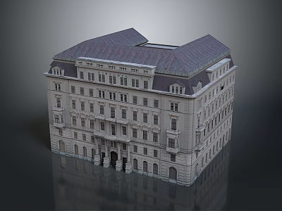 Historic European Style Multi Story Building Model With Gray Roof And White Facade 3d model