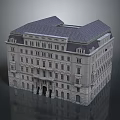 Historic European Style Multi Story Building Model With Gray Roof And White Facade