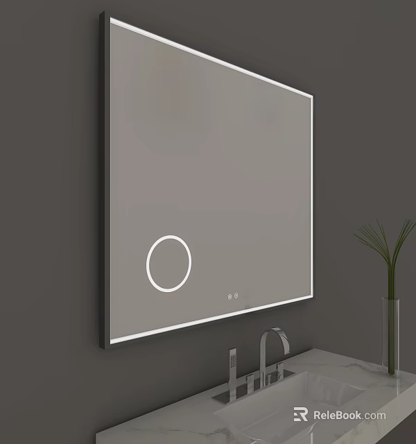 Illuminated Bathroom Mirror With LED Lights Near Sink And Plant 3d model 