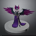 Mythical Woman With Purple Long Dress And Pink Green Wings Standing On White Circular Platform