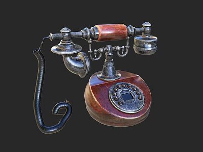 Vintage Telephone With Wooden Base Metal Parts Rotary Dial And Retro Design 3d model