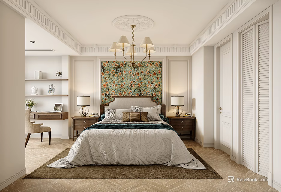 Elegant Bedroom Interior With Colorful Wall Art Large Bed Chandelier And Bedside Lamps 3d model 