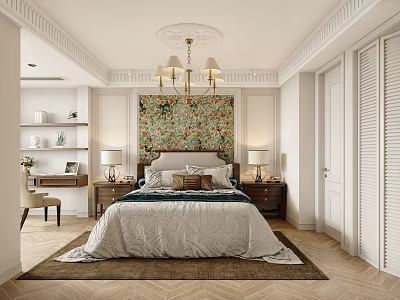 Elegant Bedroom Interior With Colorful Wall Art Large Bed Chandelier And Bedside Lamps 3d model