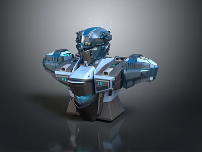 Robotic Bust 3D Model With Metallic Blue Gray Armor And Helmet Design 3d model