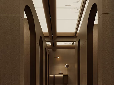 Modern Minimalist Space Featuring Arched Structures Brown Walls Central Counter And Light Transmitting Ceiling 3d model