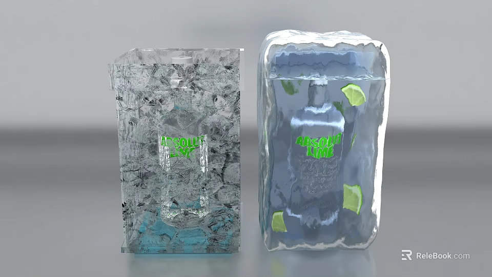 Clear Ice Block Display With Vodka Bottle And Fresh Lime Slices 3d model 