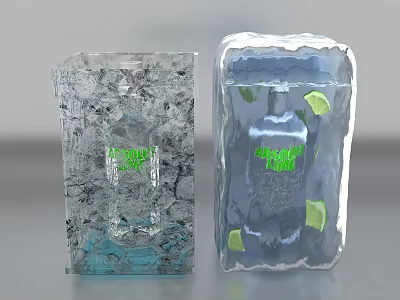 Clear Ice Block Display With Vodka Bottle And Fresh Lime Slices 3d model