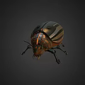 Metallic Striped Beetle 3D Rendered Model With Detailed Exoskeleton And Isolated Dark Background