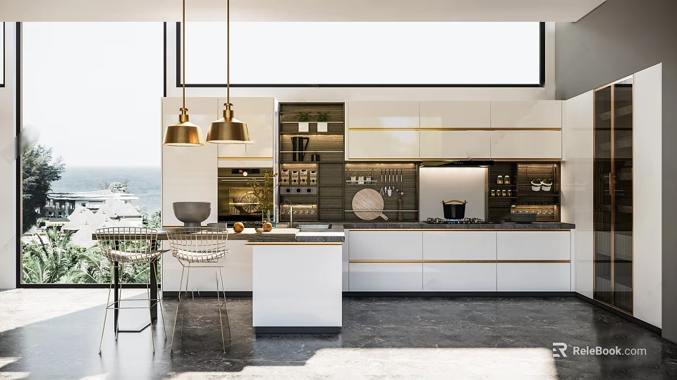Modern Kitchen Interior Design With White Cabinets Island Counter And Gold Pendant Lights 3d model 