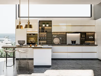 Modern Kitchen Interior Design With White Cabinets Island Counter And Gold Pendant Lights 3d model