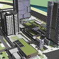 Modern Urban Commercial Complex With Open Plaza Fountain Greenery And High Rise Buildings