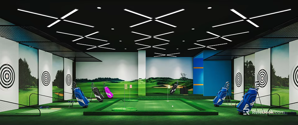 Indoor Golf Practice Range For Fitness Training With Green Turf Golf Bags And Mural 3d model 