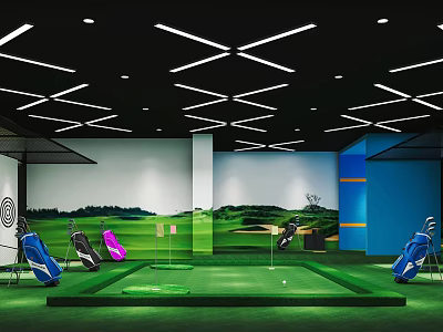 Indoor Golf Practice Range For Fitness Training With Green Turf Golf Bags And Mural 3d model