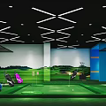 Indoor Golf Practice Range For Fitness Training With Green Turf Golf Bags And Mural
