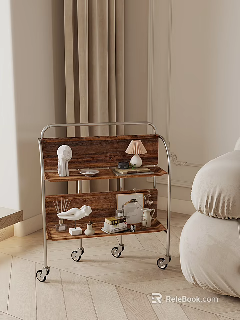 Modern Wooden Shelving Unit with White Sculpture Table Lamp and Books in Cozy Living Room 3d model 