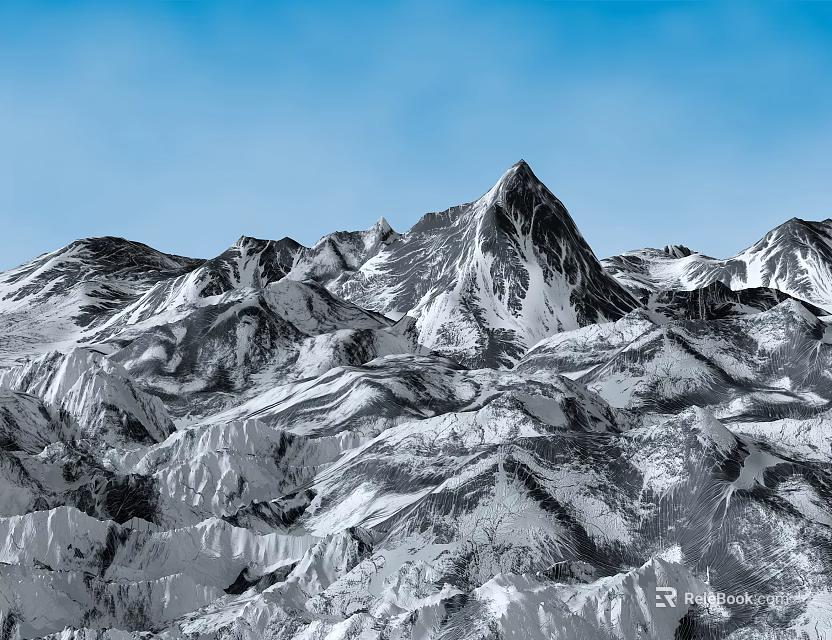 Rural Landscape Featuring Snowy Mountain Range With White Snow Covered Peaks Under Clear Blue Sky 3d model 