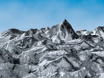 Rural Landscape Featuring Snowy Mountain Range With White Snow Covered Peaks Under Clear Blue Sky 3d model