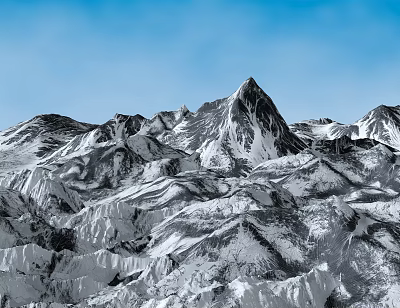 Rural Landscape Featuring Snowy Mountain Range With White Snow Covered Peaks Under Clear Blue Sky 3d model