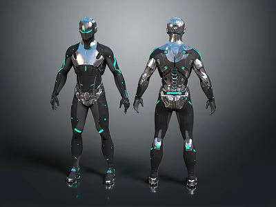 Detailed 3D Robot Character Models With Front And Back Views Black Silver Armor Blue Glowing Lines 3d model