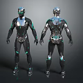 Detailed 3D Robot Character Models With Front And Back Views Black Silver Armor Blue Glowing Lines