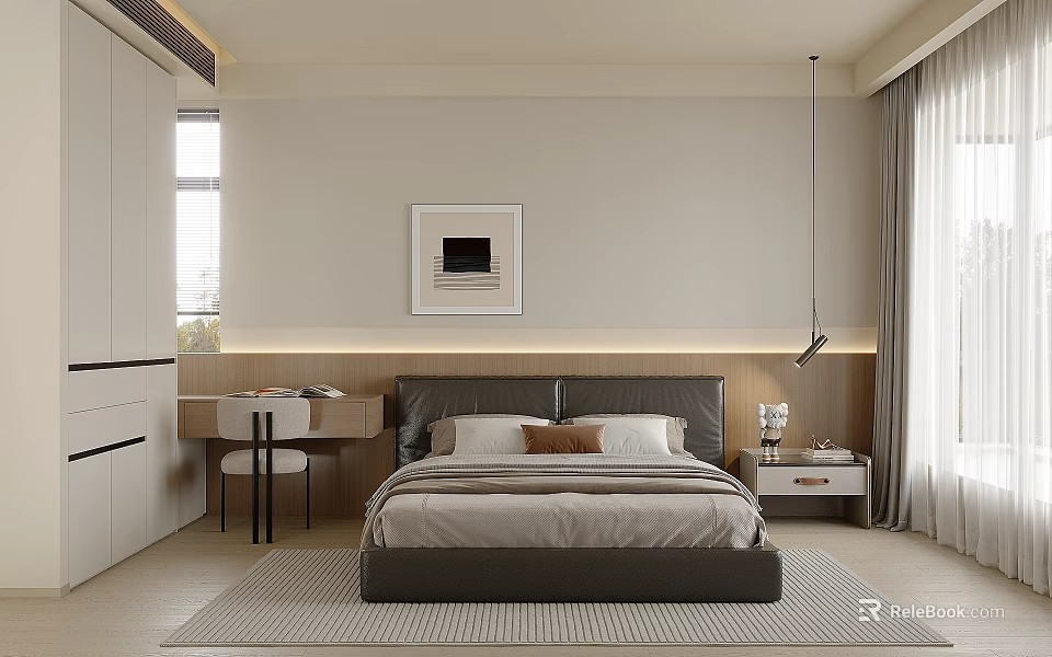 Modern Bedroom Interior Design With Platform Bed Nightstand Wall Art And Pendant Light 3d model 