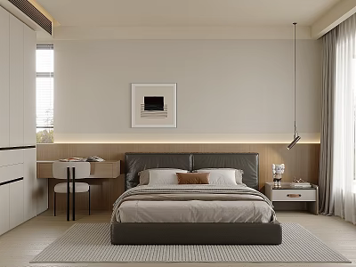 Modern Bedroom Interior Design With Platform Bed Nightstand Wall Art And Pendant Light 3d model
