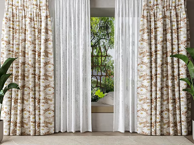 Elegant Curtains With White Sheer Layers And Floral Pattern For Green View Home Interior 3d model