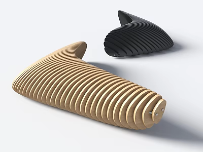 Curved Wooden Landscape Seats With Striped Design In Light Wood And Black Colors 3d model