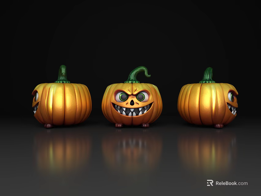 Golden Pumpkin Decorative Ornament Set With Cartoon Faces On Black Background 3d model 