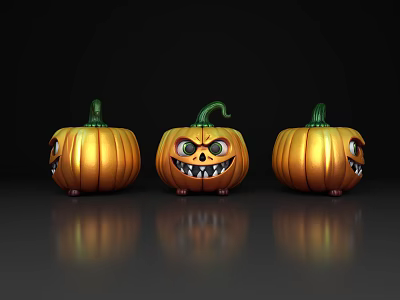 Golden Pumpkin Decorative Ornament Set With Cartoon Faces On Black Background 3d model