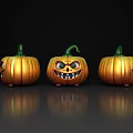 Golden Pumpkin Decorative Ornament Set With Cartoon Faces On Black Background