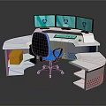 White Curved Desk With Three Monitor Screens Black And Blue Chair And Yellow File Cabinet