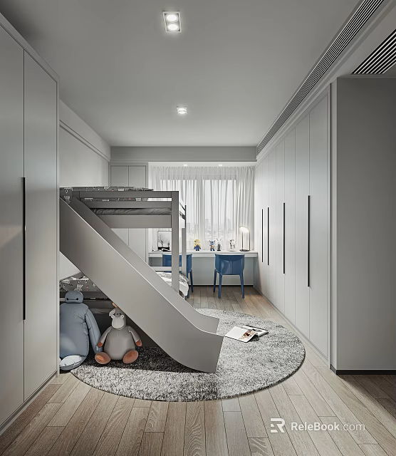 Modern Kids Room Interior With Slide Bed White Wardrobes Desk Stuffed Toys And Rug 3d model 