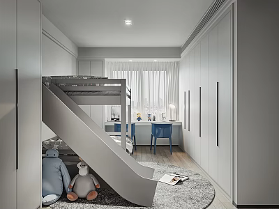 Modern Kids Room Interior With Slide Bed White Wardrobes Desk Stuffed Toys And Rug 3d model