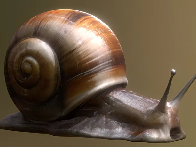 Reptile Snail Close Up View With Spiral Shell Brown Beige Stripes And Body Antennae 3d model