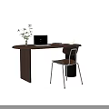 Oval Wooden Desk With Laptop Books Round Lamp Potted Plant And Wooden Chair