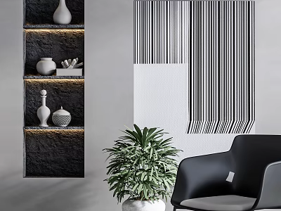 Black Lounge Chair With Green Plant Striped Wall Art And Decorative Vases On Shelves 3d model