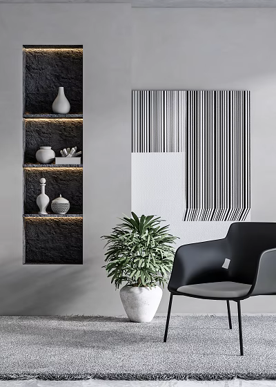 Black Lounge Chair With Green Plant Striped Wall Art And Decorative Vases On Shelves 3d model