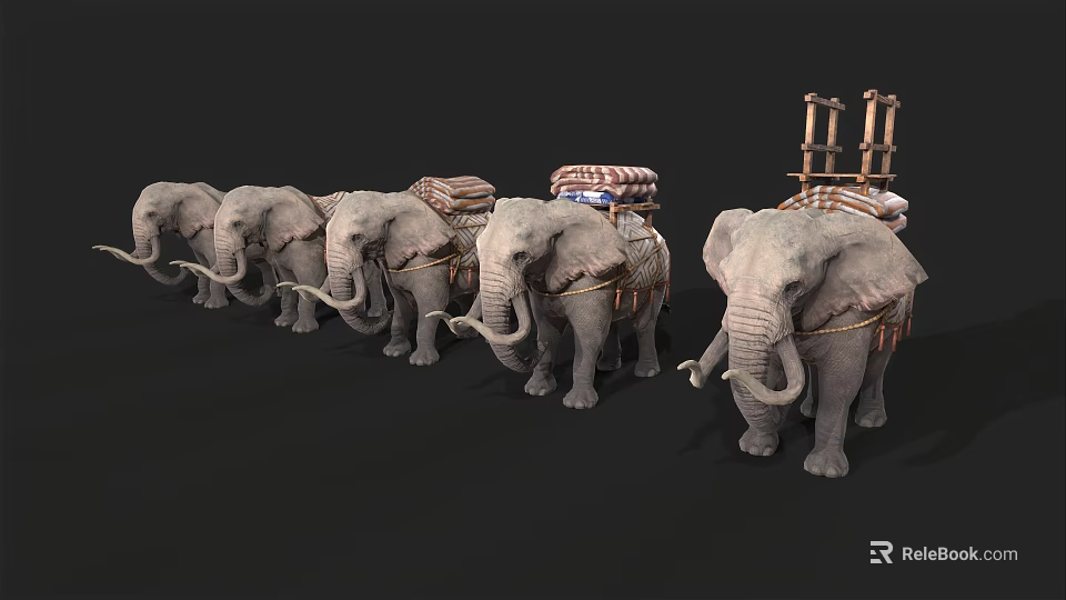 Group of Five Elephants Carrying Cargo with Traditional Saddles and Wooden Structures 3d model 
