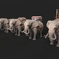 Group of Five Elephants Carrying Cargo with Traditional Saddles and Wooden Structures