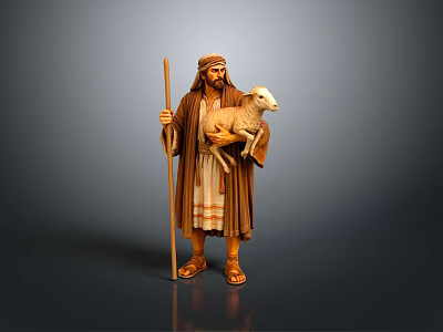 Man In Traditional Brown Robes Holding Lamb With Wooden Staff Wearing Sandals 3d model