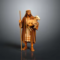 Man In Traditional Brown Robes Holding Lamb With Wooden Staff Wearing Sandals