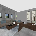 Modern Office Interior Design With Gray Walls Sofa Desk Green Pendant Light And Bookshelf