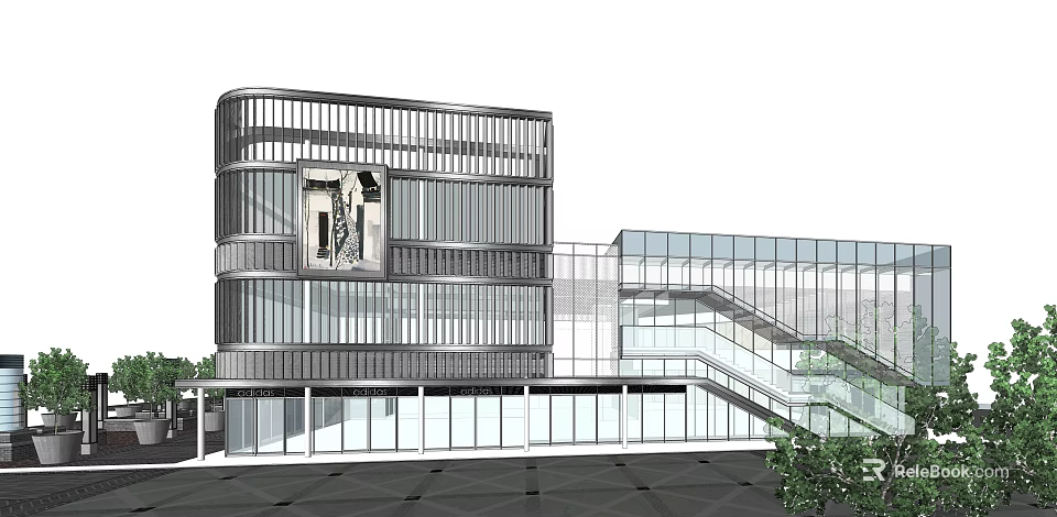 Modern Commercial Complex Featuring Glass Curtain Wall Multi Storey Transparent Design And Open Staircase 3d model 