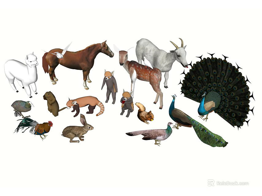 Collection of Various Animals Including Horse Goat Peacock Rabbit and More 3d model 