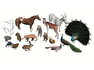 Collection of Various Animals Including Horse Goat Peacock Rabbit and More 3d model