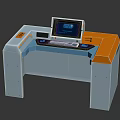 Modern Work Desk with Computer Monitor Keyboard Drawers and Blue Orange Design