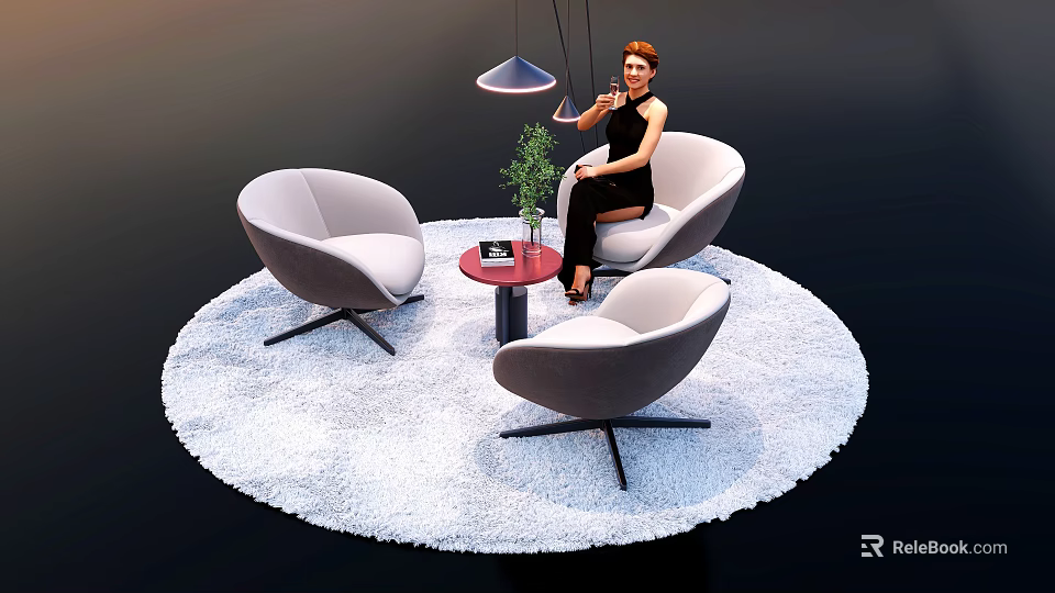 Modern Casual Sofa Set with White Round Rug Red Coffee Table and Green Plant 3d model 