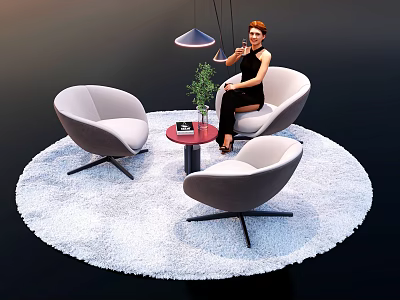 Modern Casual Sofa Set with White Round Rug Red Coffee Table and Green Plant 3d model
